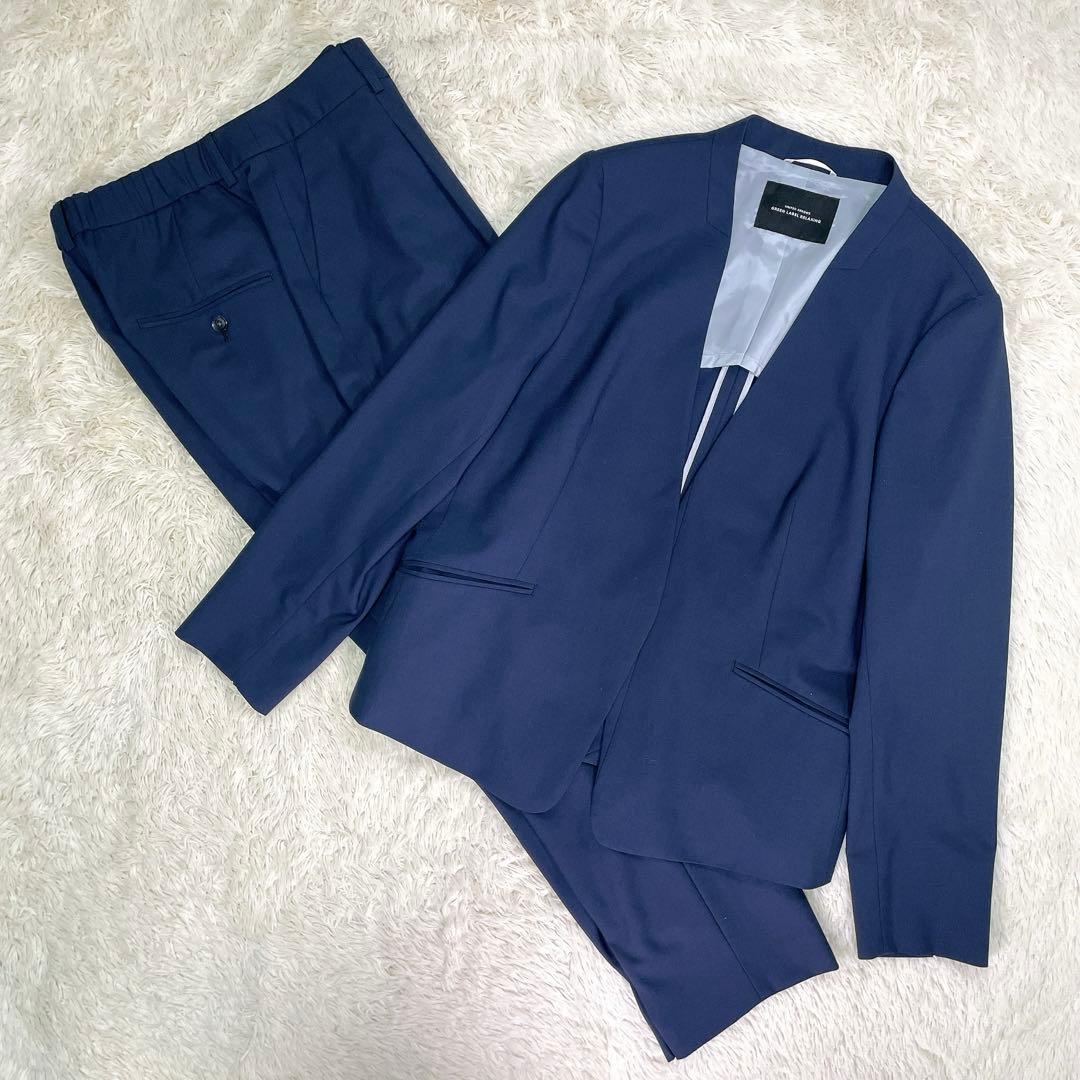 【美品44サイズ】グリーンレーベルリラクシング　ノーカラー　無地　パンツスーツ