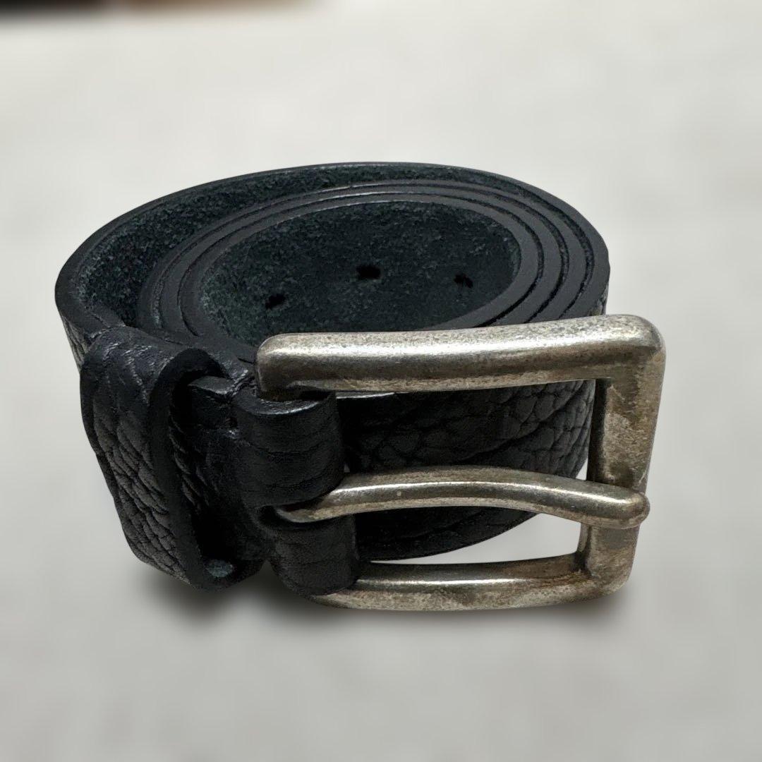 GANZO 黒レザー型押しベルト シルバーバックル