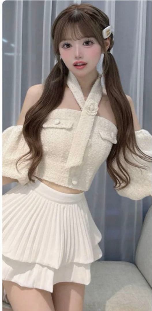 Darich♡ホルターネックオフショルツイードトップス♡ホワイト ダーリッチ Darich ホルターネックオフショルツイードトップス