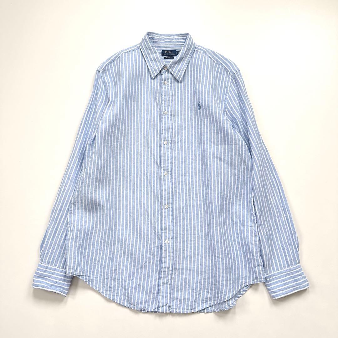 ラルフローレン リネンシャツ ストライプ ポニー刺繍 ライトブルー×ホワイト