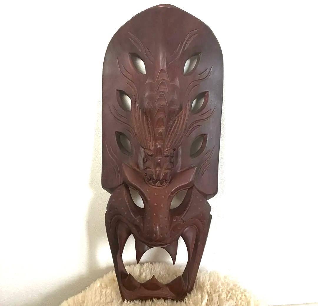 木製彫刻マスク ダークブラウン　インドネシア　お面　お土産　ヴィンテージ