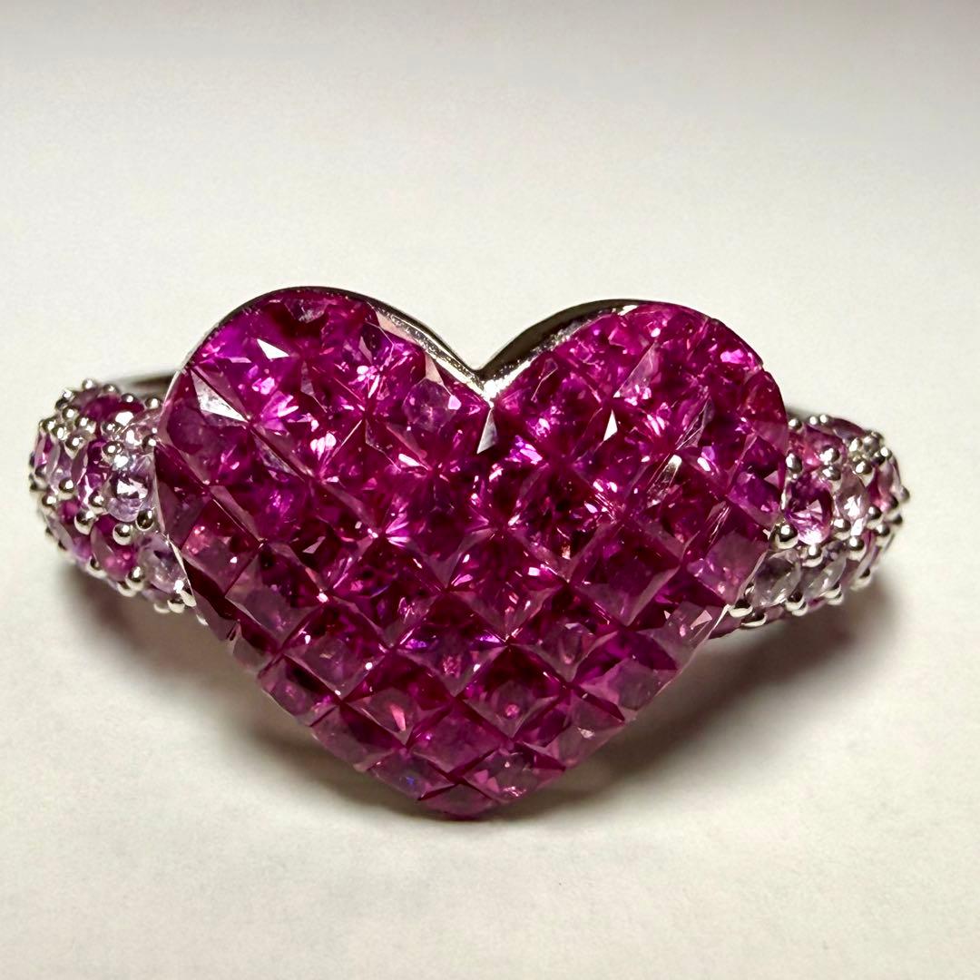 QVC笠原真寿美 K18ルビー ダイヤ　ピンクサファイア18KWGハートリング