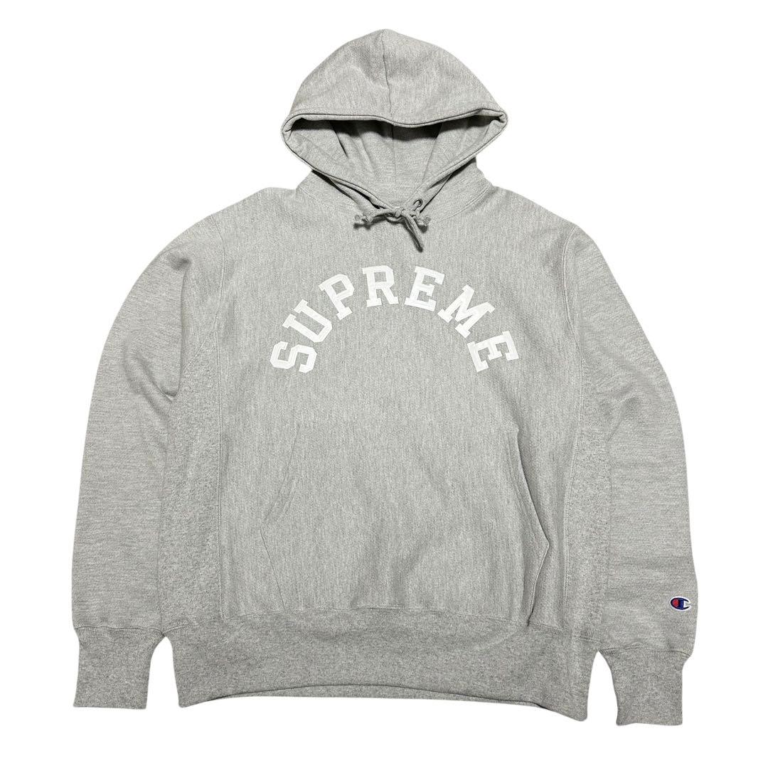 【美品】シュプリーム　チャンピオン　コラボ　パーカー　アーチロゴ　刺繍　グレーL