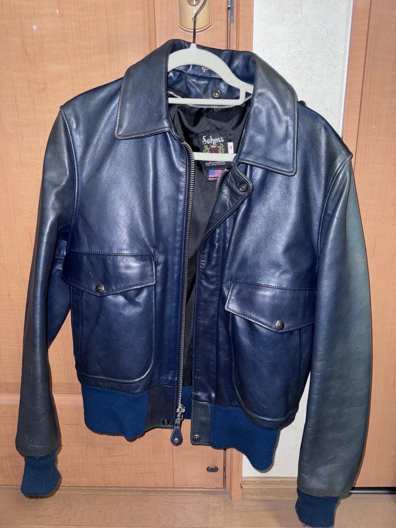 【 ヴィンテージ 】 90s Schott レザージャケット ネイビー 日焼け