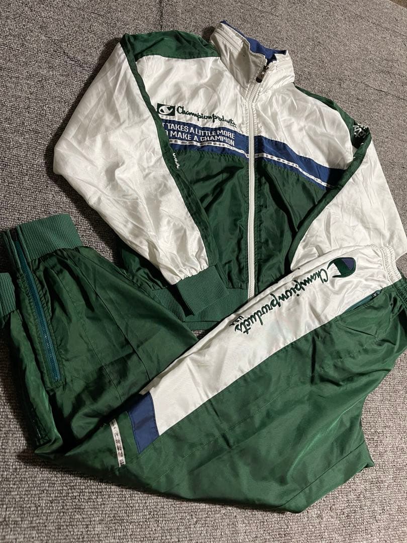 Champion ナイロン セットアップ 刺繍ロゴ 90s レアカラー L 上下 90s Vintage Champion チャンピオン ナイロンジャケット&パンツ