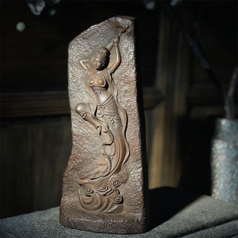 石造 敦煌飛天 浮彫りが琵琶を弾きま仕女 装飾品 禅意 卓上置物工芸品 美術品