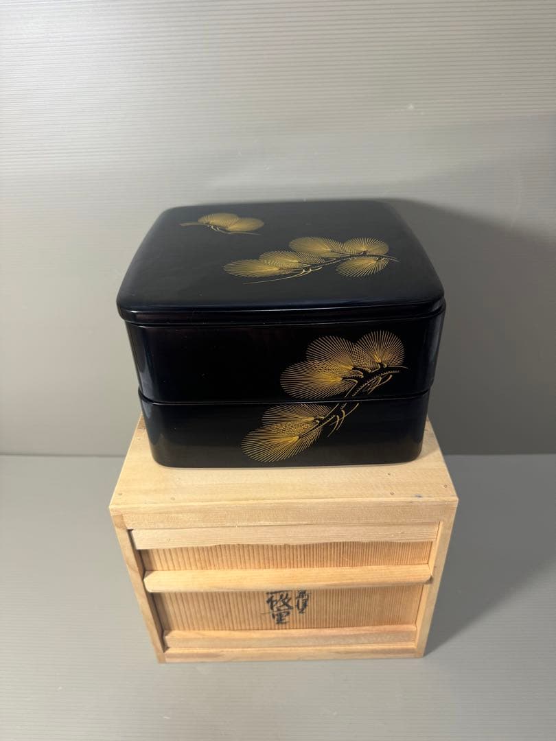 2177  古美術 輪島塗 寿光堂造　沈金蒔絵 二段重 重箱 共箱 時代物