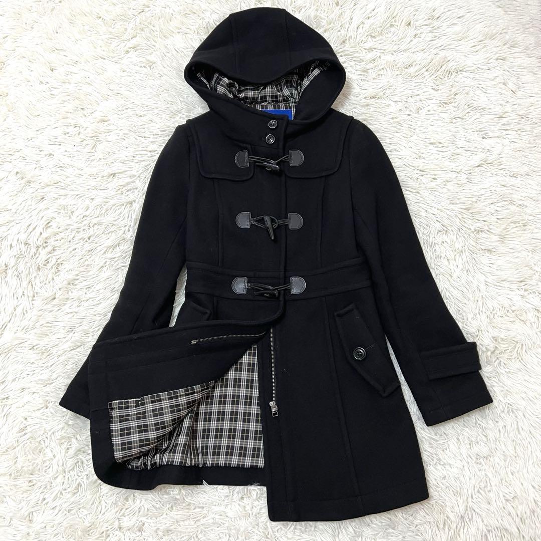 バーバリーブルーレーベル ダッフルコート チェック Aライン フード 黒 M