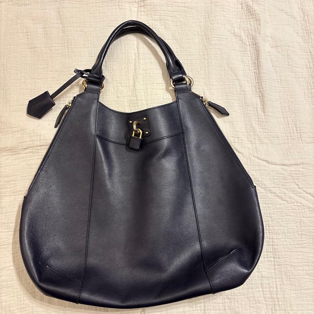 濱野皮革工藝 HAMANO ネイビー レザー ハンドバッグ ゴールド金具