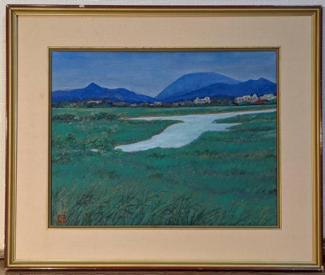 【真作】絵画　村田行弘　日本画　或る日の淀川　山と草原を描く　風景画　Z8 日本画 - 島田市公式ホームページ
