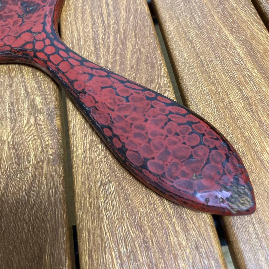 昭和レトロ 木製 鎌倉彫 木彫り 漆塗り 花柄 手鏡 化粧鏡 ハンドミラー