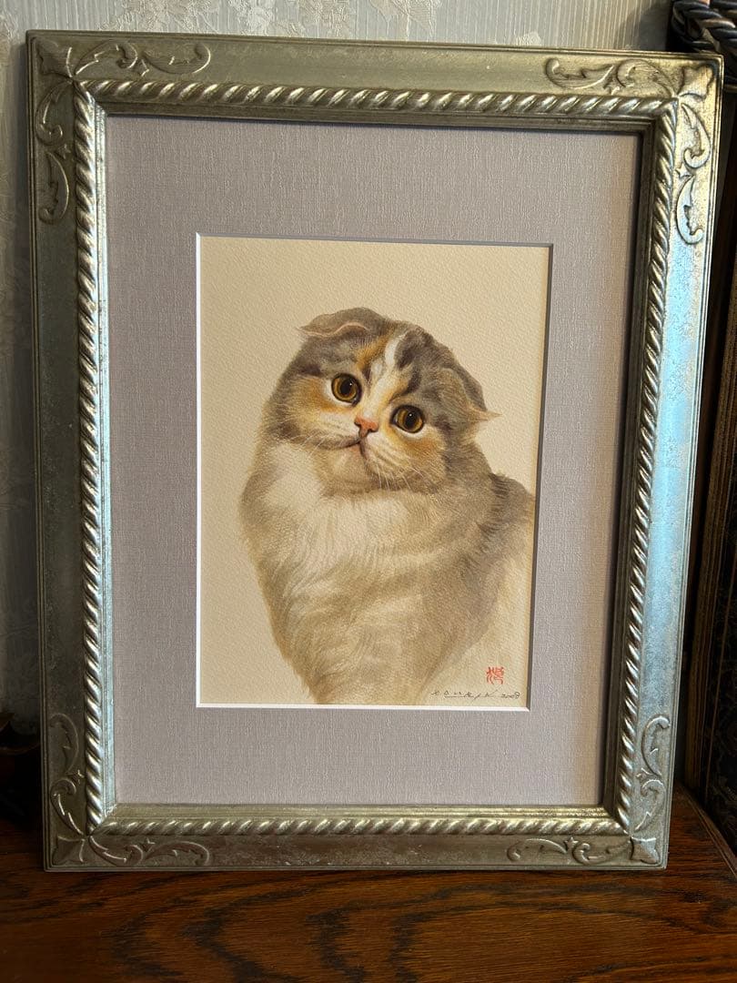 狼林（ROURIN）作　猫（スコティッシュフィールド）の水彩画 2008年