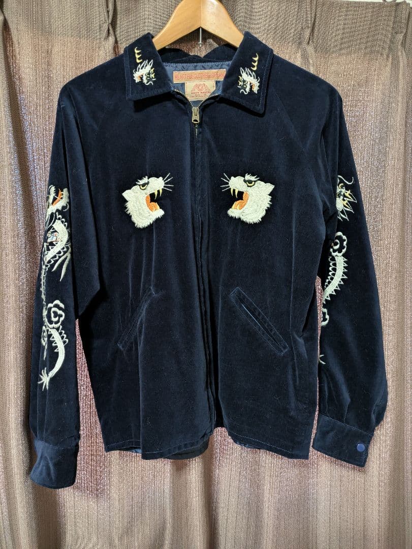 ネイビー 別珍 襟付 ベトジャン スカジャンスーベニアジャケット豪華刺繍多数 M