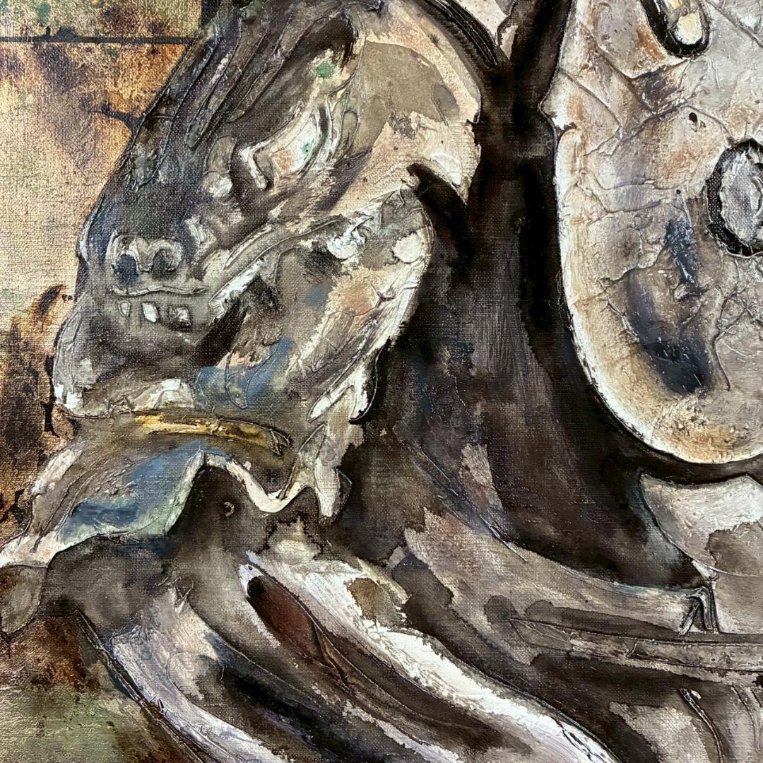 美品 佐々木英夫「持国天 立像 戎壇堂」油彩 大作 1988年作 銀箔仕様