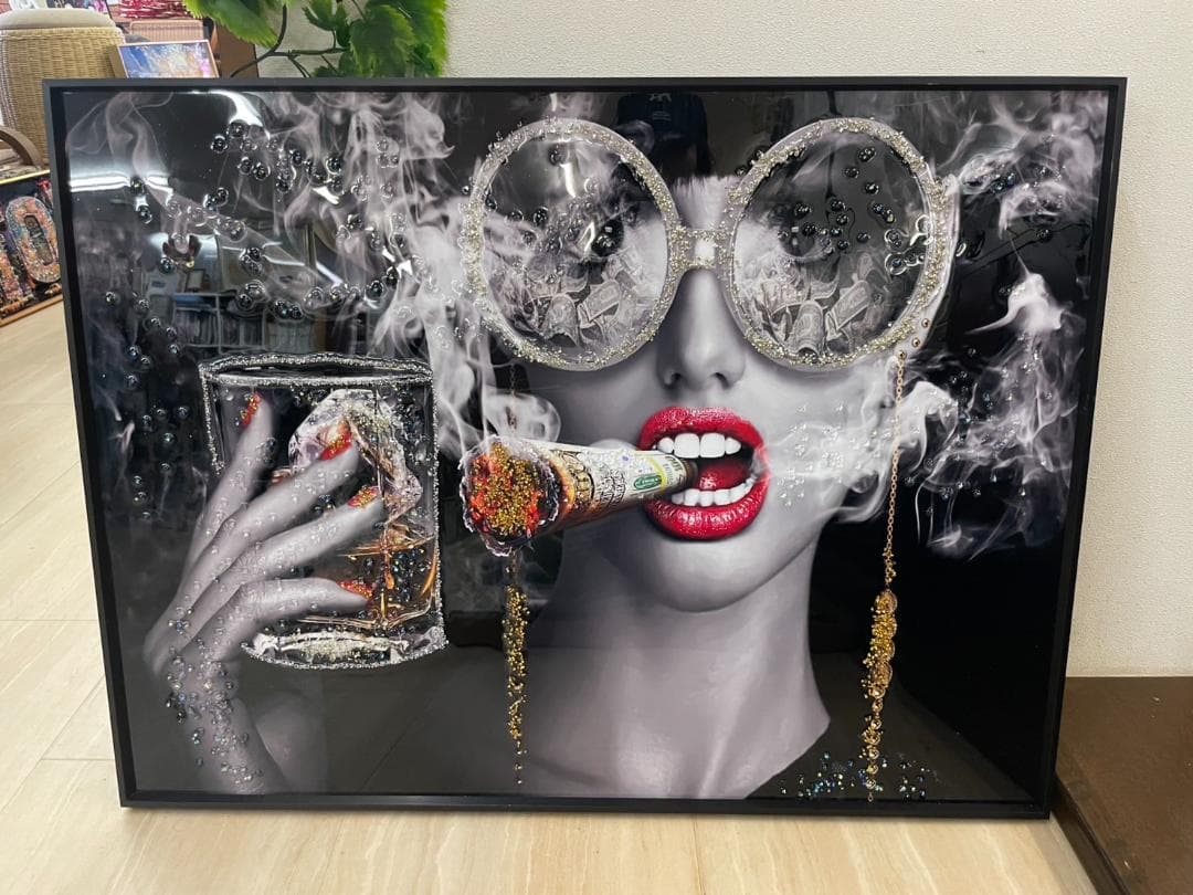 アートパネル　絵画　キラキラ　壁掛け　アート　ビジュー　シガー　タバコ　モノクロ