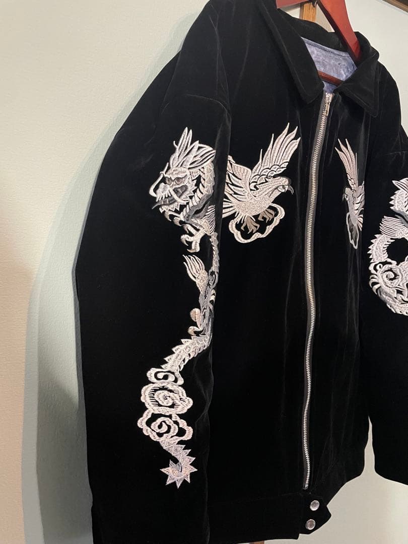 スカジャン　黒 別珍黒刺繍】三笠謹製 オリジナル別珍スカジャン 花龍 綿無薄手 日本製