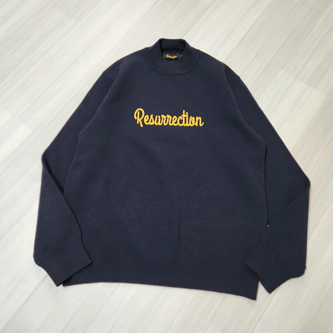 Resurrection☆ロゴジャガードモックネックニットメンズLネイビー×黄