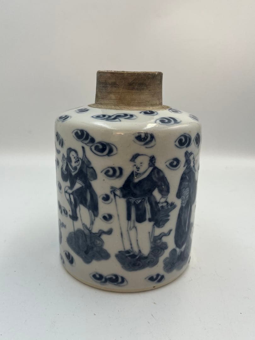 中国清朝染付 青花ハ仙人物紋瓶在銘利奥記唐物 時代物口縁に修繕あり