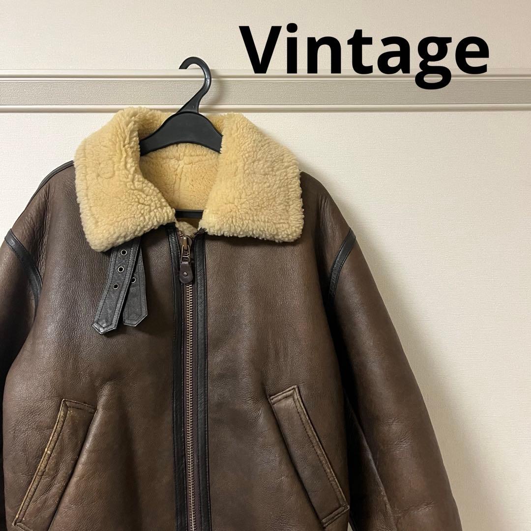 【vintage】リアルムートンジャケット ブラウンレザージャケット ボア襟付き