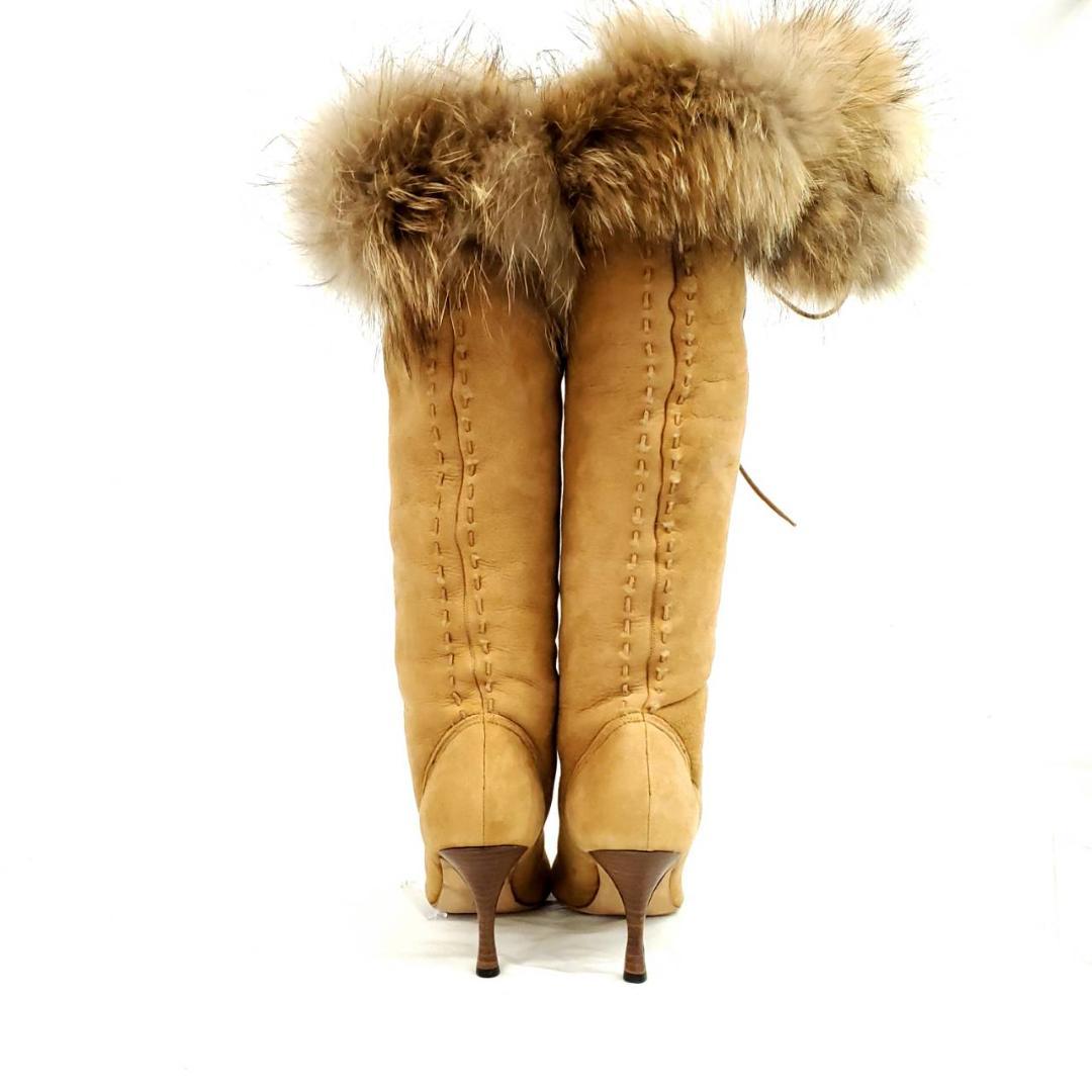 ☆マノロブラニク ロングブーツ ステッチ ブラウン ラビットファー
