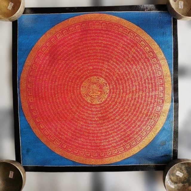 オンマニペメフム マントラ 曼荼羅 アンティーク大 ： タンカ 仏画