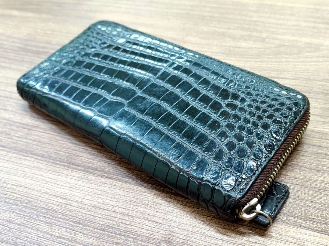 腹センター 1枚皮 クロコダイル 長財布 長財布 クロコダイル 一枚革 無双 センター取り 目地染め かぶせ 100万