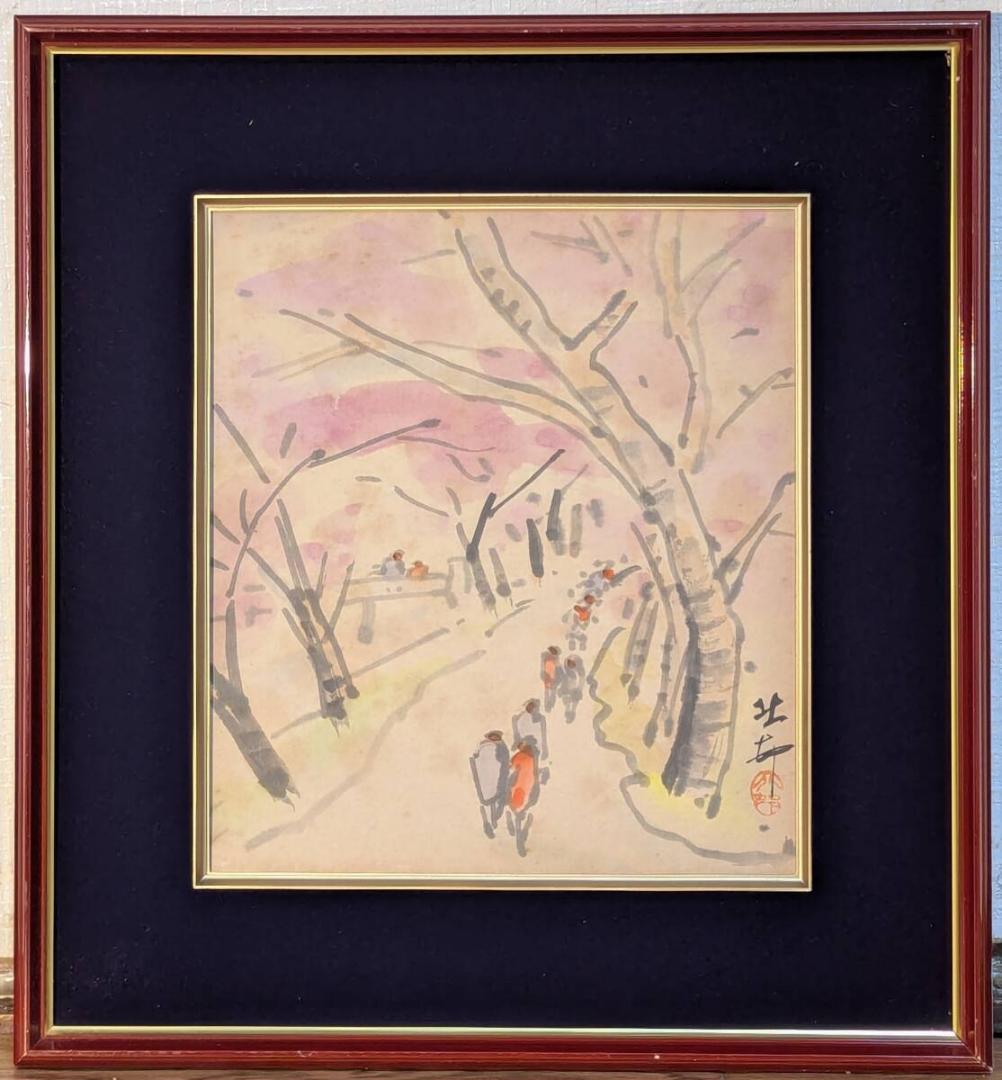 【真作】絵画　日本画（色紙）　桜並木と人々　風景スケッチ　春の散策路　Y154