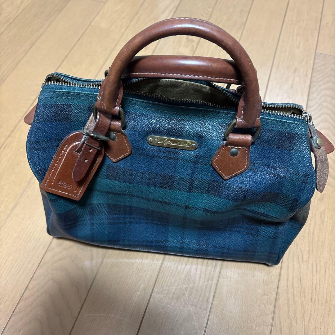 【美品】ポロラルフローレン ミニボストンバッグ チェック　緑　PVC レザー 美品 ポロラルフローレン ミニボストンバッグ PCVレザー ブラック