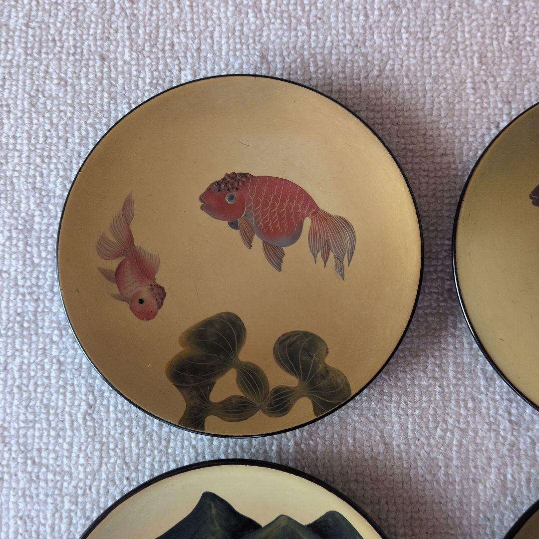 金地 金魚・猪苗代湖デザイン 金色小皿 8枚セット