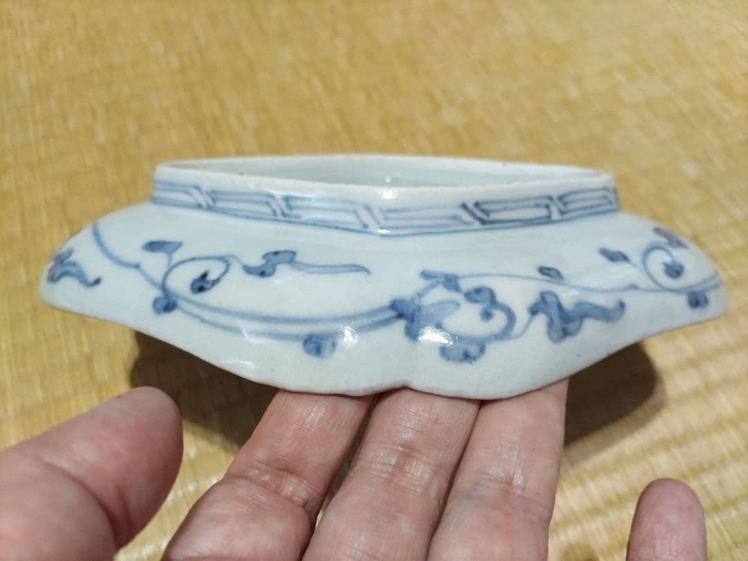 古伊万里 型紙摺 印判 入隅 菱形 皿（21×17cm）二重角福