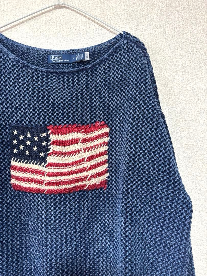 ラルフローレン 星条旗 ニット ショート丈 ネイビー M