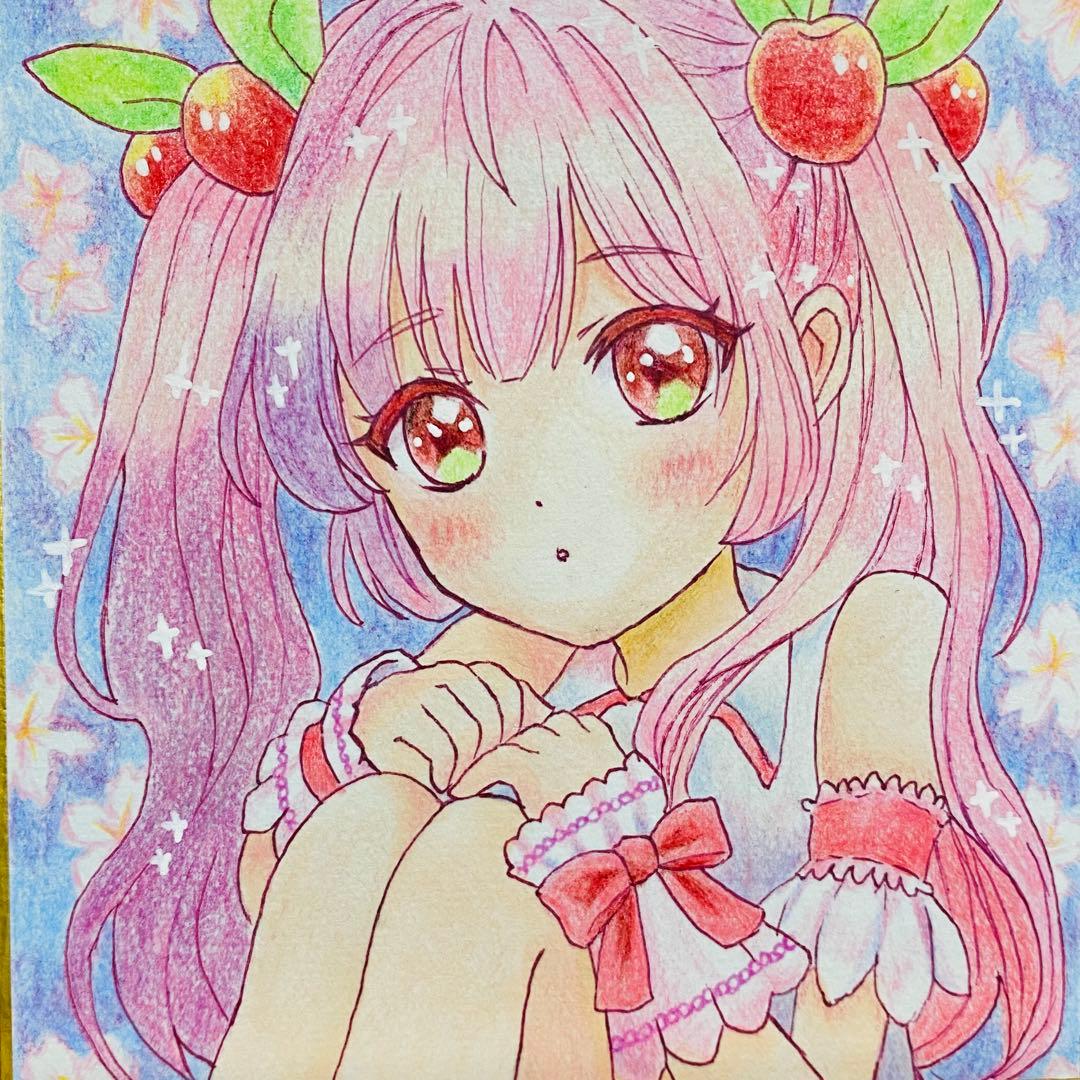 桜ミク ファンアート 手描きイラスト ミニ色紙 - メルカリ