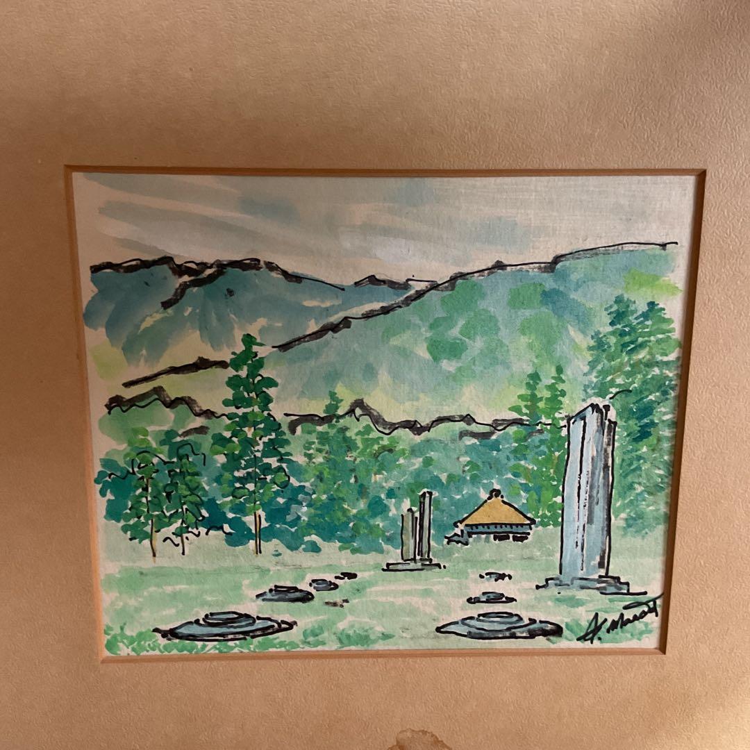 色紙水彩画 福岡県太宰府 都府楼跡 作者不詳ですがサイン在
