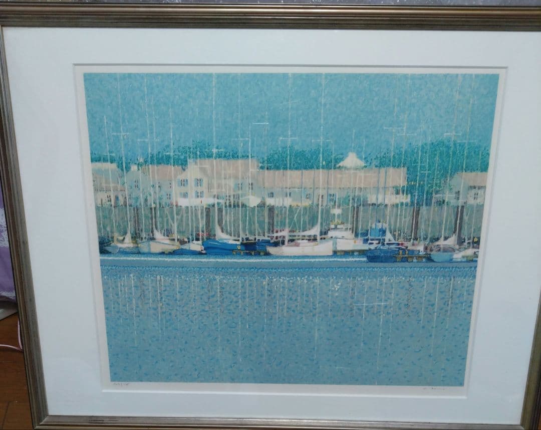 アンドレ・ブーリエ『ヨットの停泊』直筆サイン有 リトグラフ額装/82