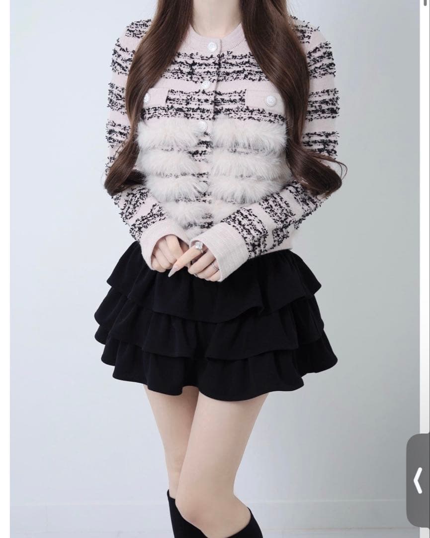 Lumignon tweed-like fur knitブラック×ピンク