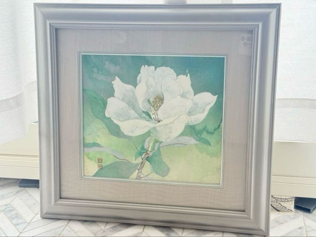 白い花の水彩画 シルバーフレーム