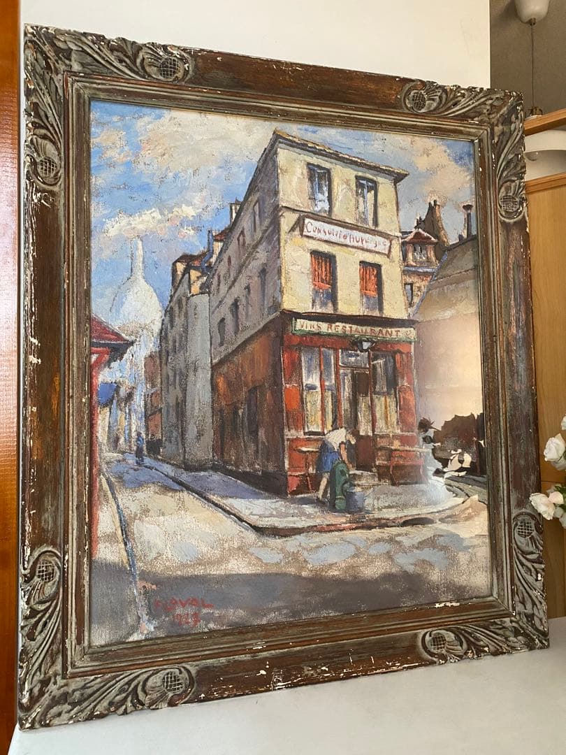 フェルナンド　ラバル　パリ風景　アンティーク　油絵　 油彩画　額縁 イタリア絵画 油絵 マントヴァーニ（イタリア）「夜のパリ」 風景画