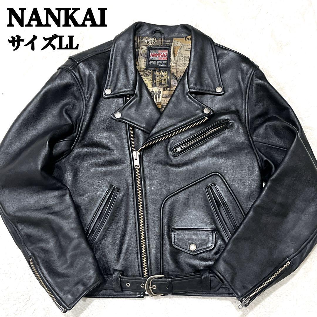 【美品 XL】NANKAI ダブルライダース 裏地総柄 ブラック レザー