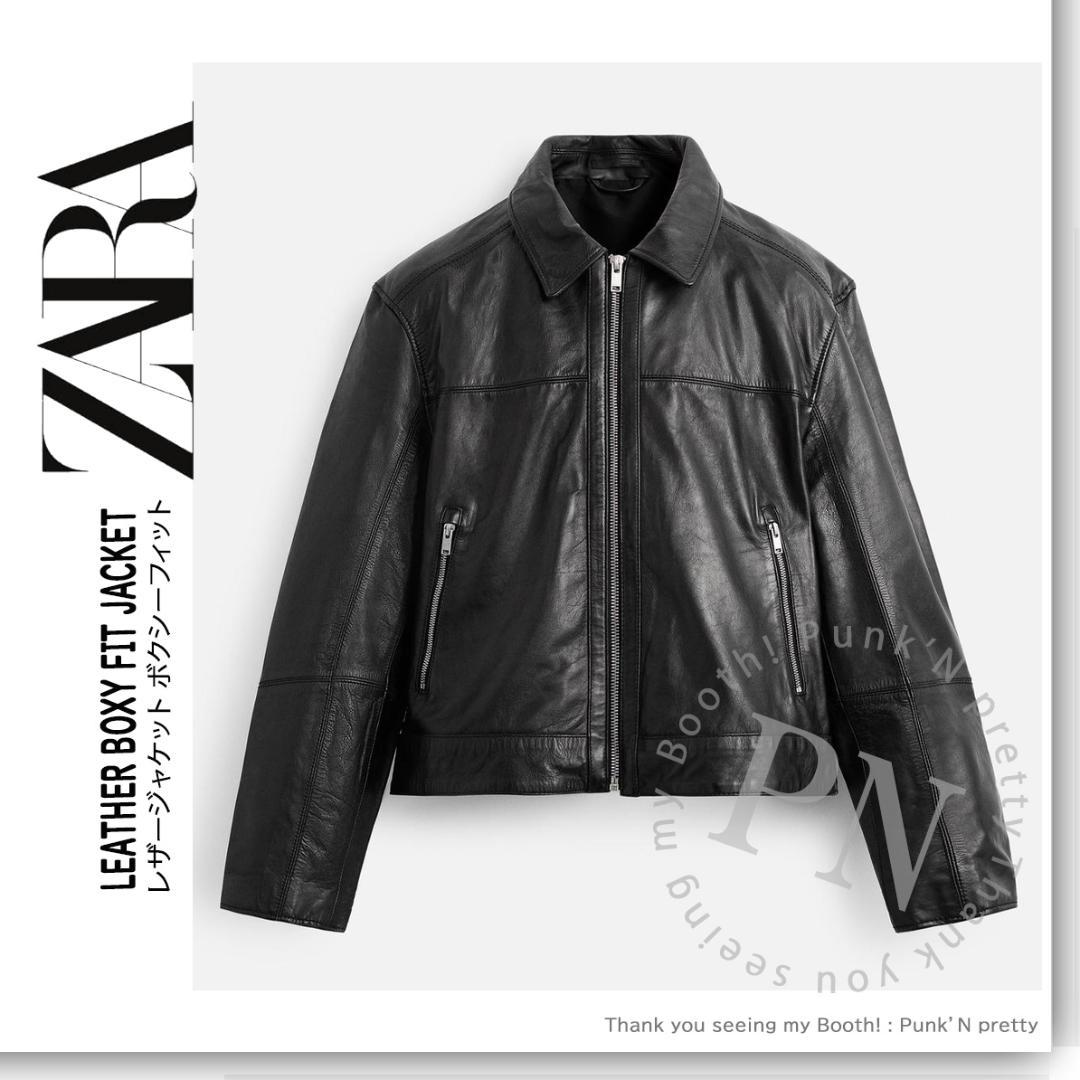 ZARA 新品 リアルレザージャケット ボクシーフィット L 牛革 ブラック