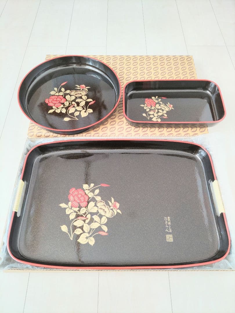 漆器 盆 3点セット 花柄 漆画山人 昭和レトロ ヴィンテージ 工芸品 民芸品