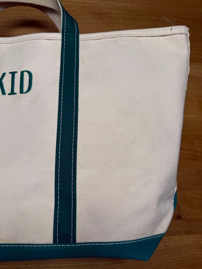 ☆80s硬め！持ち手短い 緑トリム/片面KID刺繍入りエルエルビーントート