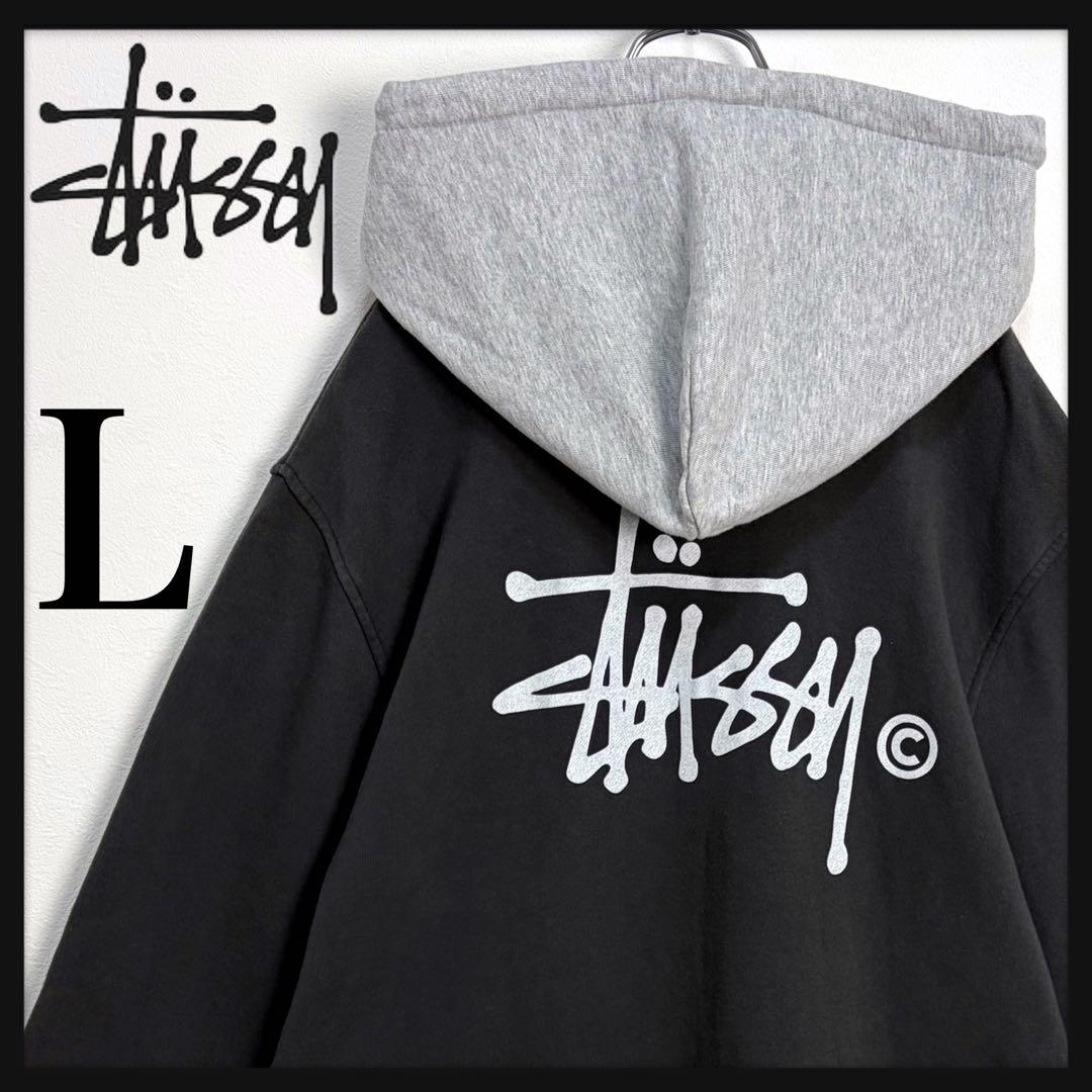 【即完売モデル】ステューシー バックロゴ パーカー バイカラー ブラック グレー STUSSY（ステューシー） パーカー プルオーバー メンズ Dyed Stussy