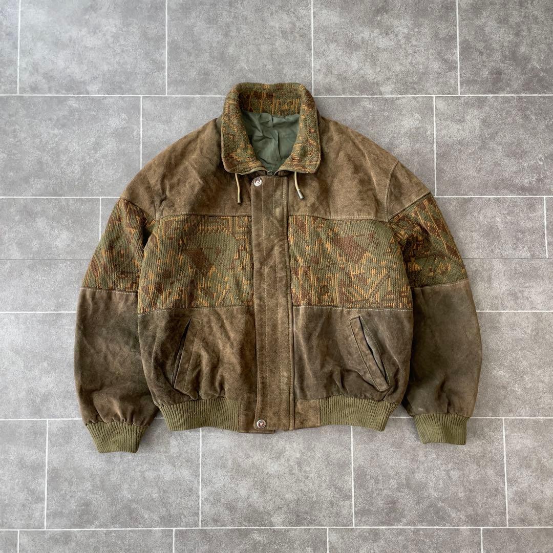 -90s euro 本革 スウェードレザージャケット ニット地切替