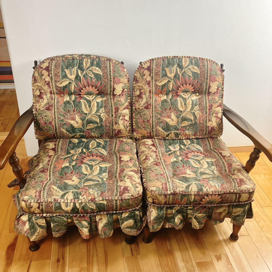 美品　飛騨産業　キツツキ　穂高　花柄　2人掛けソファ　2P、二人掛け　定価24万