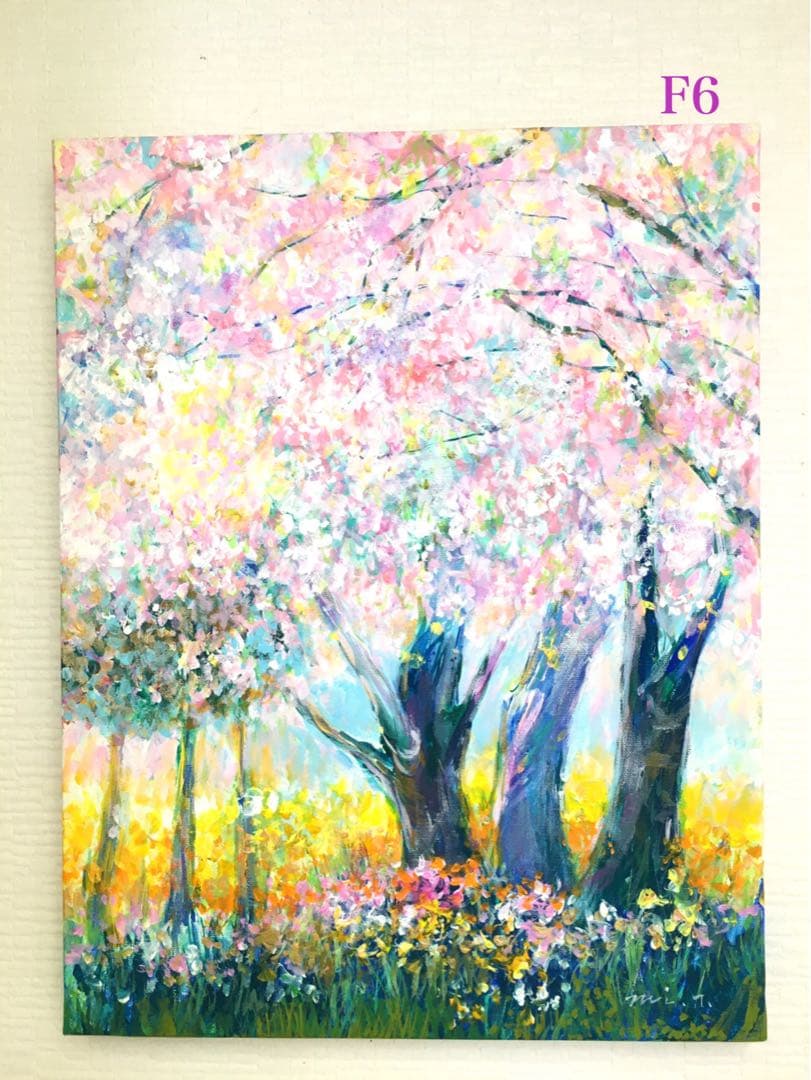 処分SALE！　春歌う桜の木　F6キャンバス アクリル画 How to draw a row of cherry blossom trees with acrylic paint / for