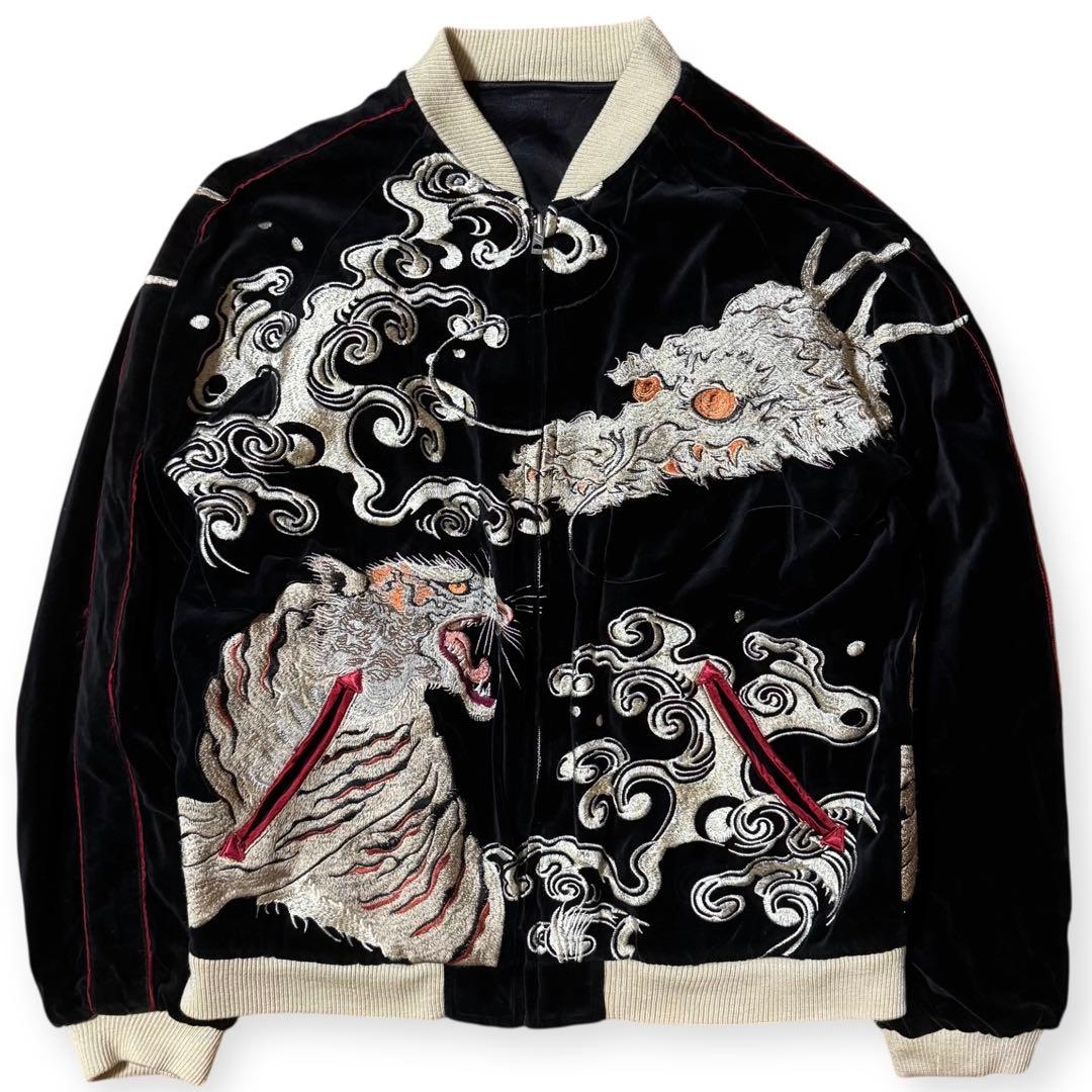 豪華刺繍 花旅楽団 別珍 サテン リバーシブル スカジャン Lサイズ ブラック