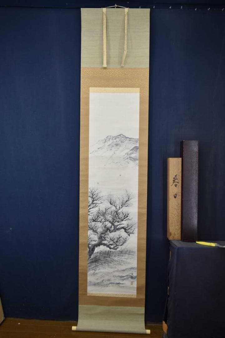 真作】広本進/春日/梅花小禽図/早春図/掛軸/名家伝来/AA-