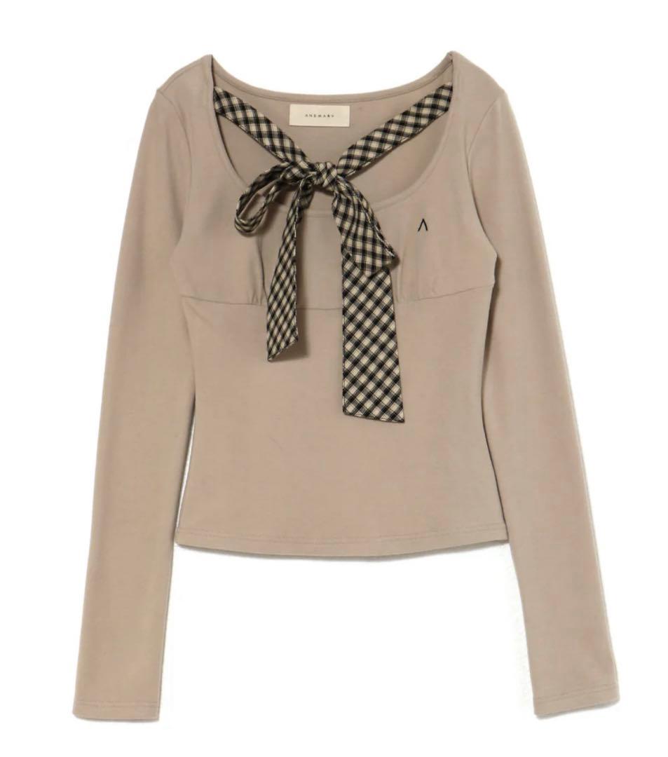 トップス andmary Ami ribbon check tops beige ANDMARY】Ami ribbon check tops