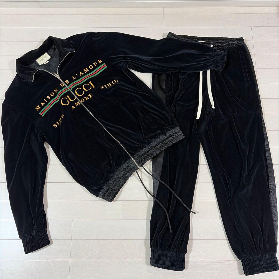 GUCCI グッチ20SS刺繍ロゴシェニールベロアセットアップブルゾンSパンツM
