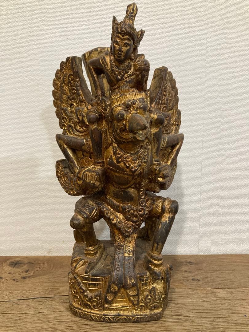バリ島 ガルーダとヴィシュヌ神 木彫り 金粉塗装 置物 魔よけ 高さ約26
